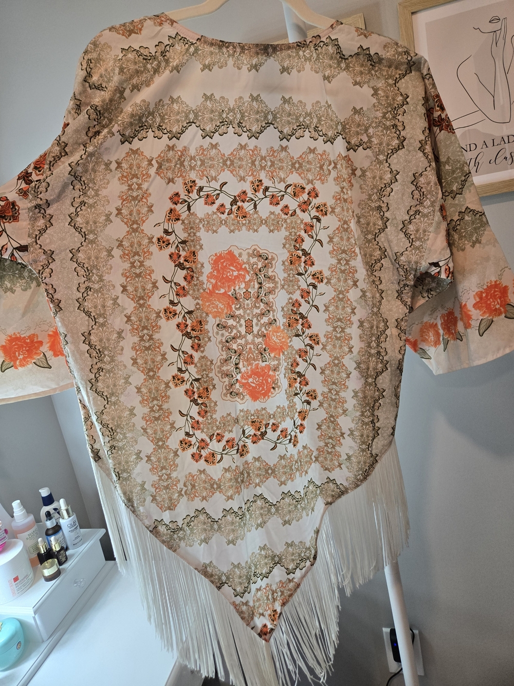 Floral Fringe Kimono Top in Peach and Sage